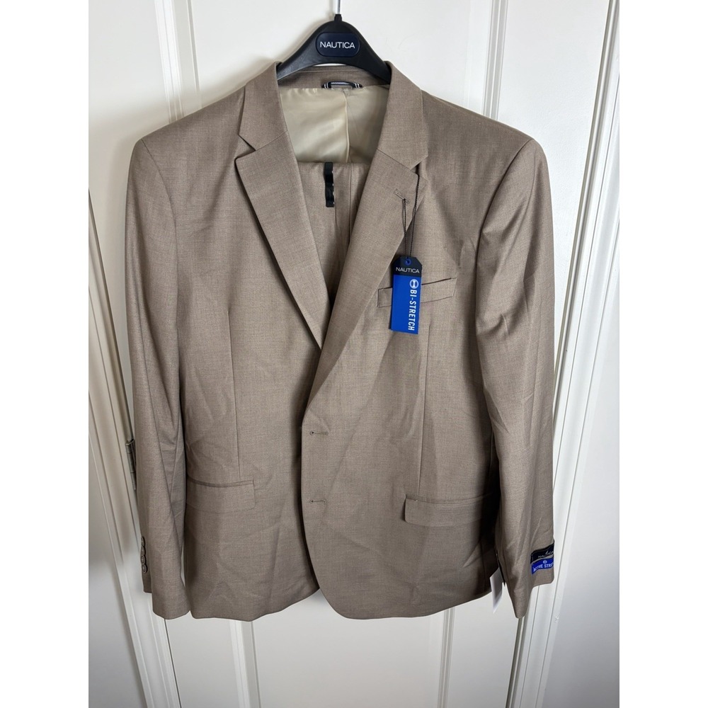 NWT!! $239 Nautica Mens 2-Piece Modern Fit Active Stretch Solid Suit Tan 48L 43W